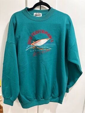 Vintage Teal Ash City Crewneck Sweater - with Embroidered Speed Boat LARGE